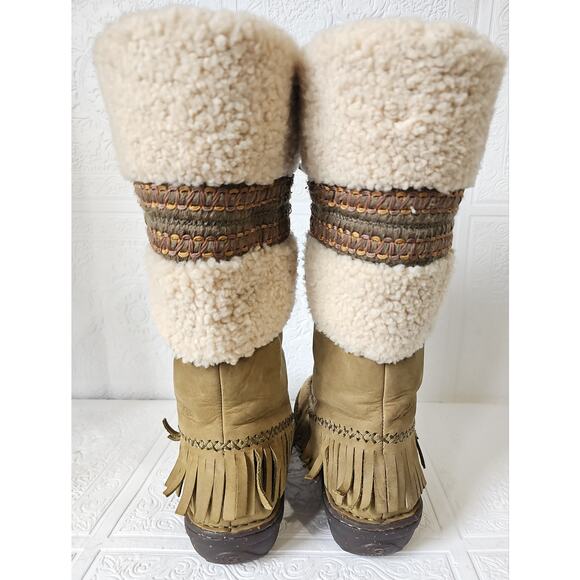 UGG Shoreline Shearling Sheepskin Leather Fringe Tall Boots Womens 7 Olive Green - Picture 6 of 15